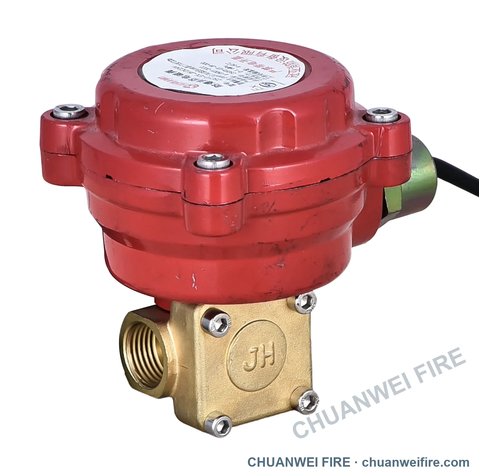 Explosion-proof solenoid valve with red bolted enclosure, side cable entry and a visible female-threaded valve port