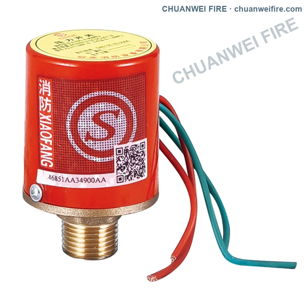 Compact fire pressure switch with red cylindrical housing, bottom male-threaded connection, two red leads and two green leads