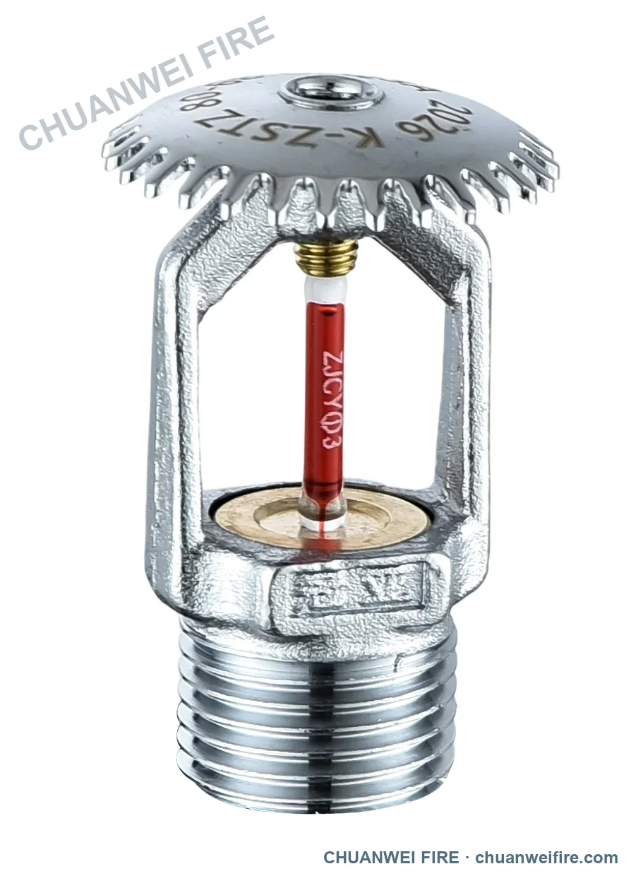 Quick-response pendent fire sprinkler with red glass bulb