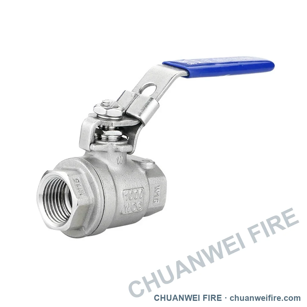 Two-piece stainless steel ball valve with manual lever.