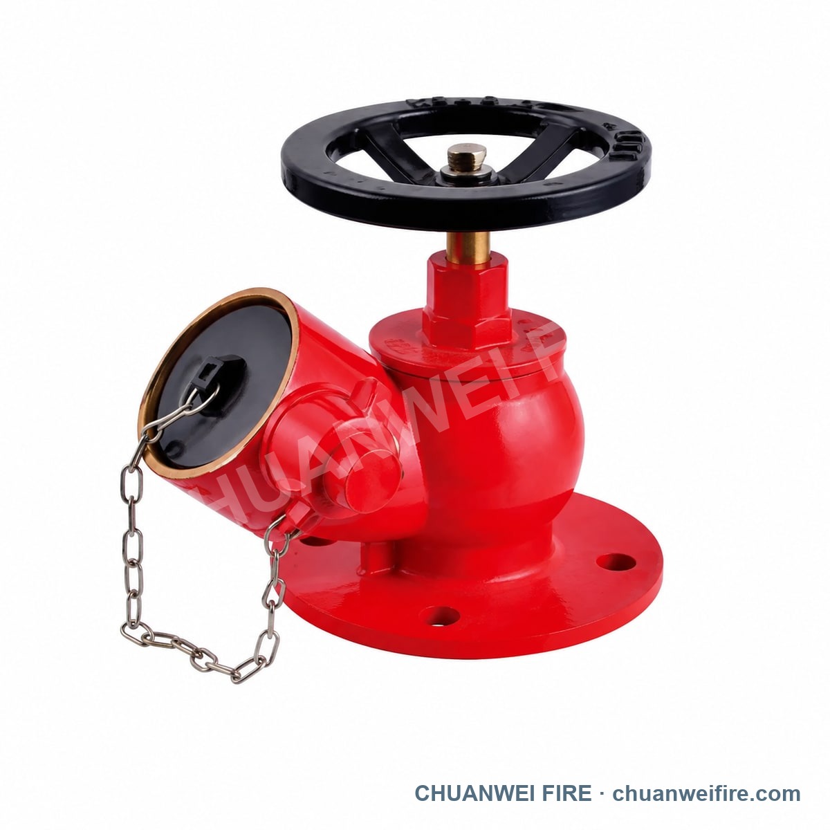 Catalog display of a red oblique landing valve with flanged inlet, vertical handwheel and chained outlet cap