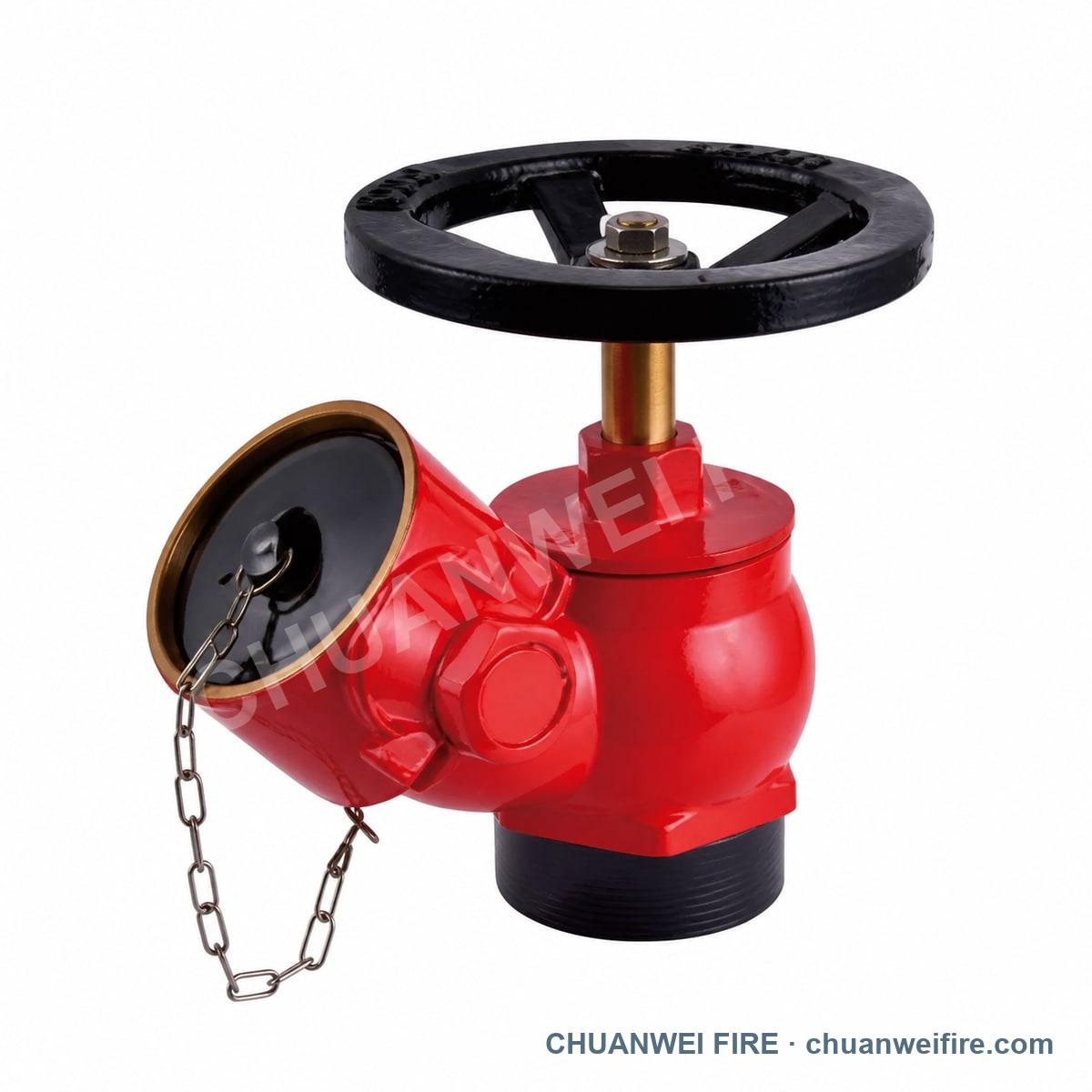 Catalog display of a red oblique landing valve with threaded inlet, vertical handwheel and chained outlet cap