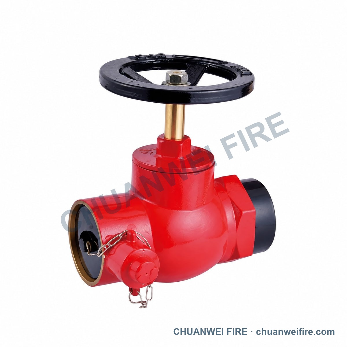Catalog display of a red straight-through landing valve with vertical handwheel and capped outlet