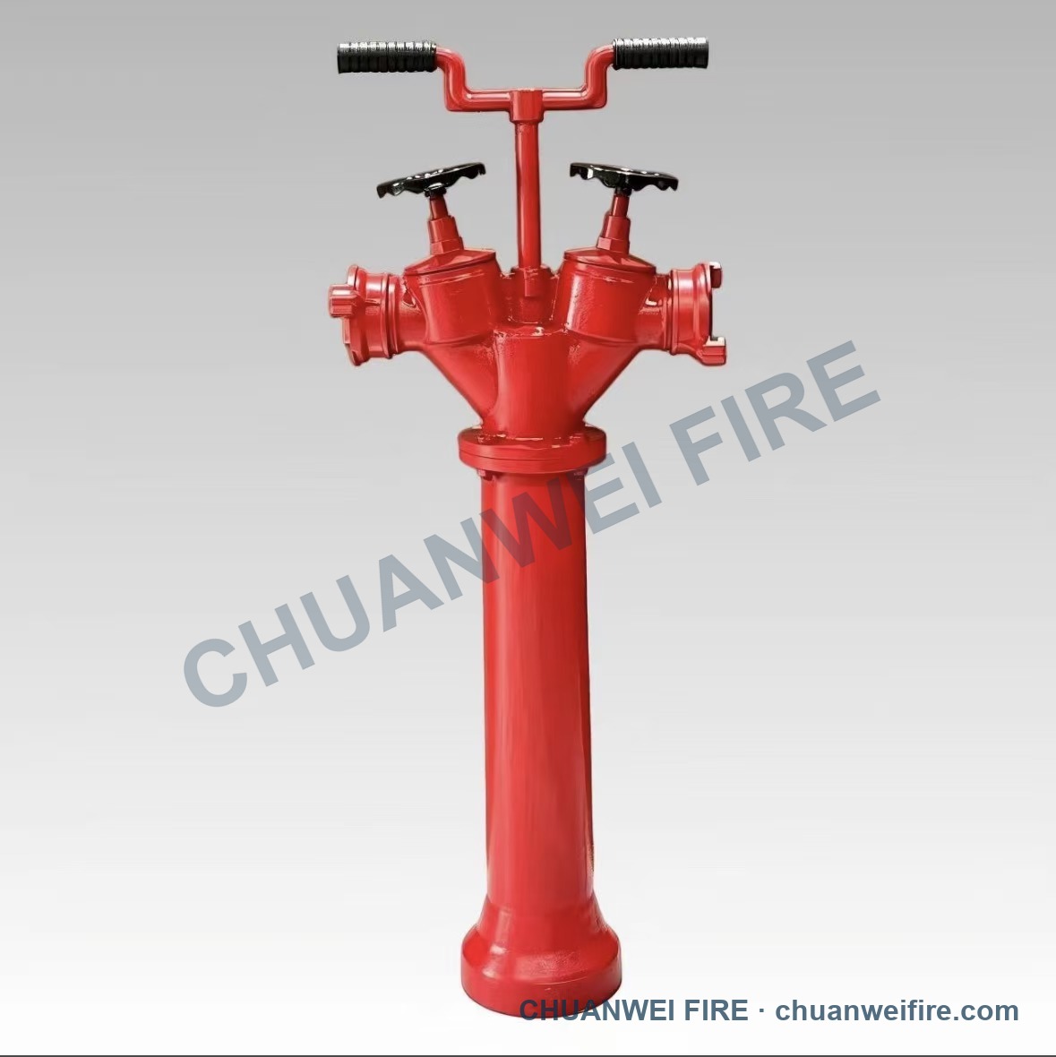 Russian-pattern above-ground fire hydrant with twin outlets