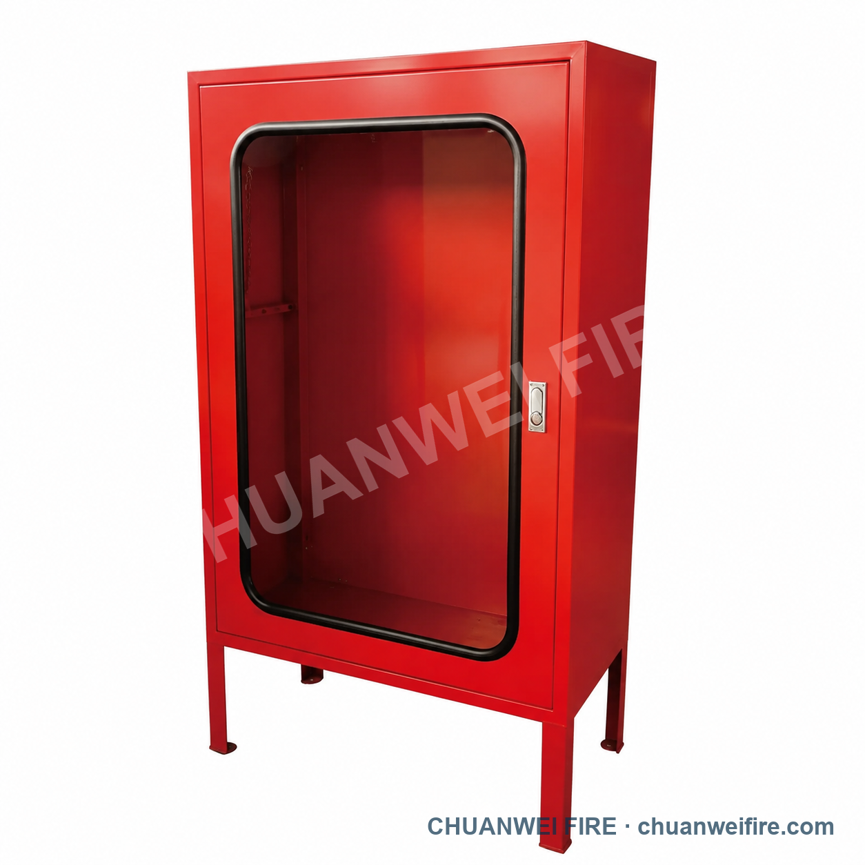 Reference illustration of a red fire equipment cabinet with one windowed door