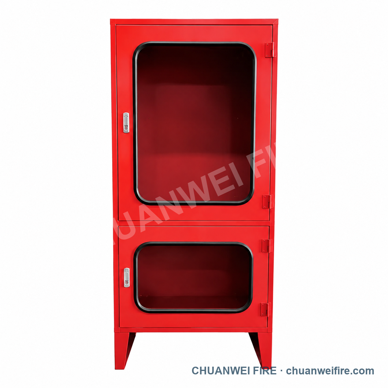 Reference illustration of a tall red fire equipment cabinet with stacked windowed doors