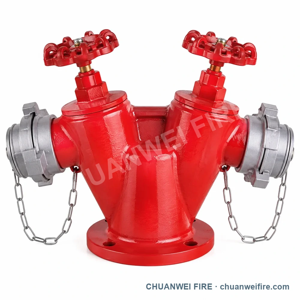 Catalog configuration illustration of Twin-Handwheel Flanged Two-Way Fire Hose Distributor — RHS-010