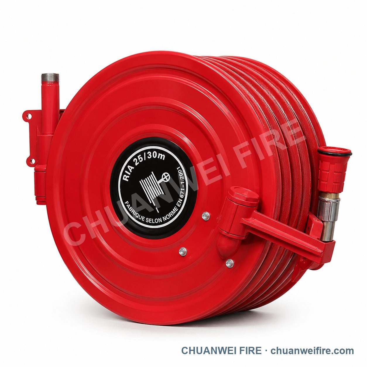RIA 25 fire hose reel with semi-rigid hose and brass nozzle