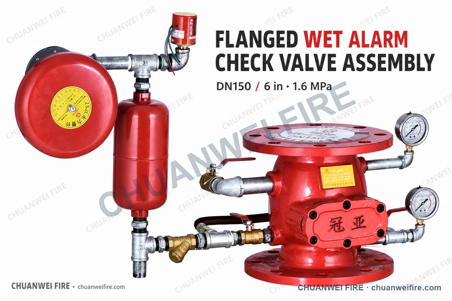DN150 flanged wet alarm check valve complete assembly with water motor alarm, retard chamber, pressure switch and gauges