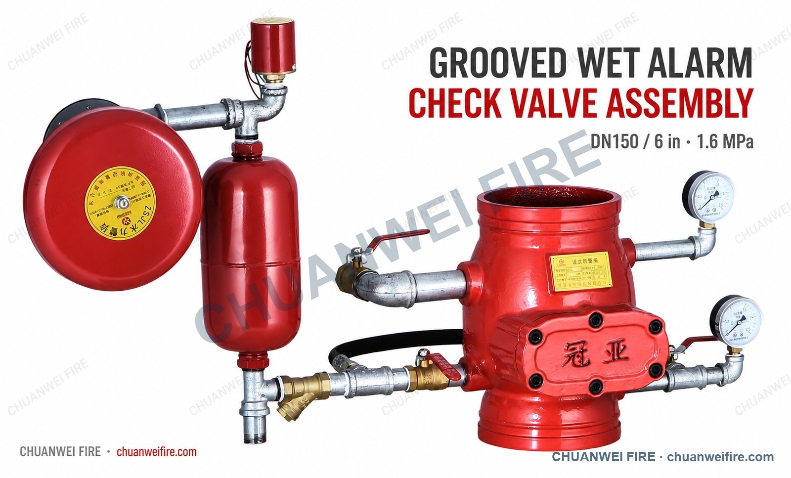 DN150 grooved wet alarm check valve complete assembly with water motor alarm, retard chamber, pressure switch and gauges